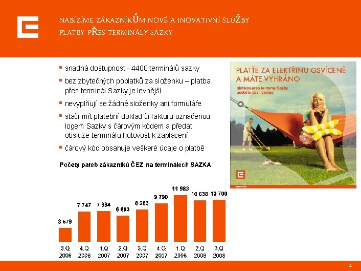 NABÍZÍME ZÁKAZNÍKŮM NOVÉ A INOVATIVNÍ SLUŽBY PLATBY PŘES TERMINÁLY SAZKY § snadná dostupnost -