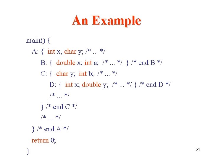 An Example main() { A: { int x; char y; /*. . . */ An Example main() { A: { int x; char y; /*. . . */