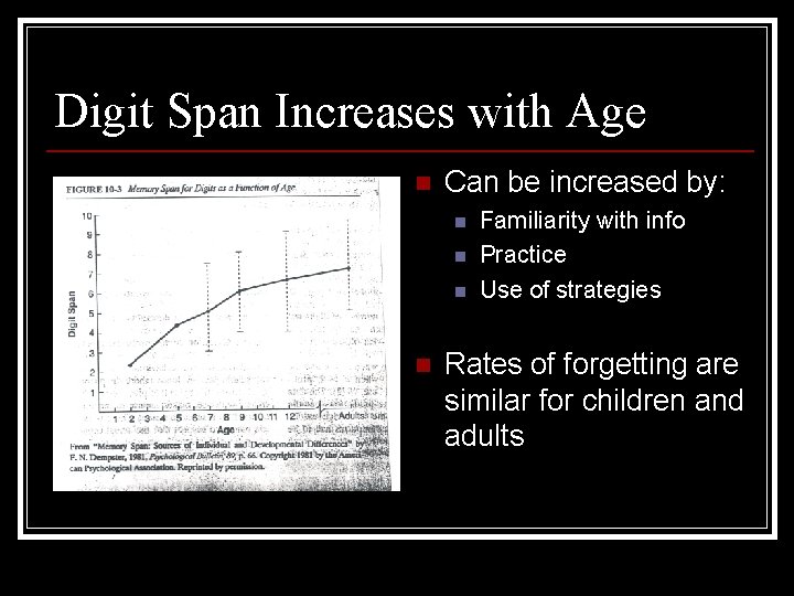 Digit Span Increases with Age n Can be increased by: n n Familiarity with