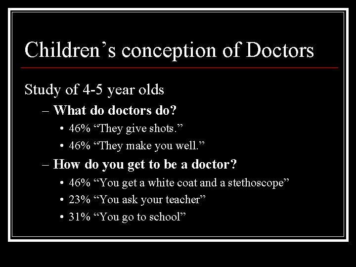 Children’s conception of Doctors Study of 4 -5 year olds – What do doctors