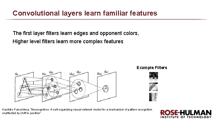 Convolutional layers learn familiar features The first layer filters learn edges and opponent colors,