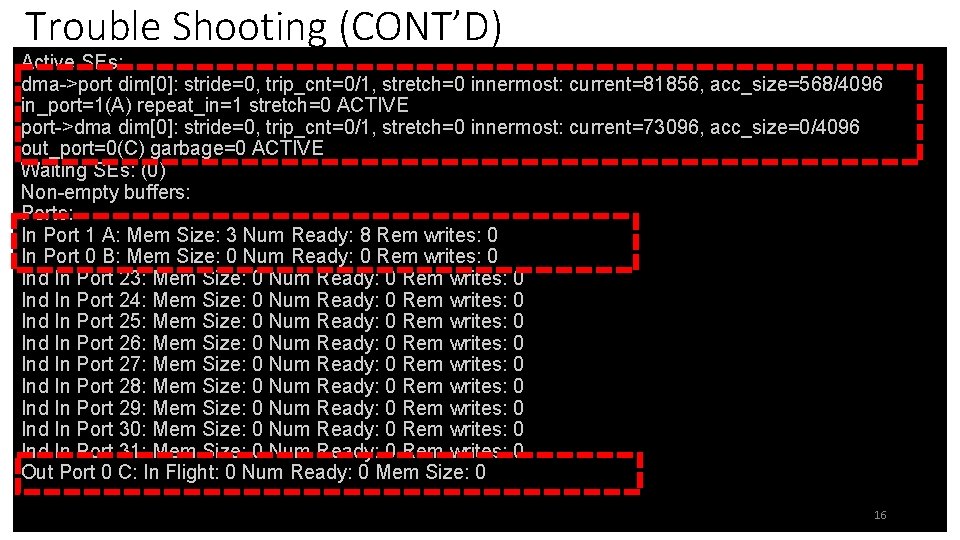 Trouble Shooting (CONT’D) Active SEs: dma->port dim[0]: stride=0, trip_cnt=0/1, stretch=0 innermost: current=81856, acc_size=568/4096 in_port=1(A)