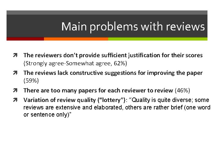 Main problems with reviews The reviewers don’t provide sufficient justification for their scores (Strongly