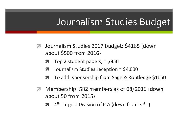 Journalism Studies Budget Journalism Studies 2017 budget: $4165 (down about $500 from 2016) Top