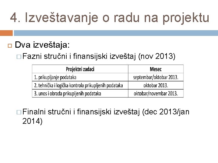 4. Izveštavanje o radu na projektu Dva izveštaja: � Fazni stručni i finansijski izveštaj