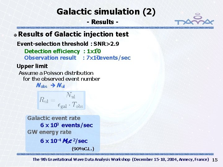 Galactic simulation (2) - Results of Galactic injection test Event-selection threshold : SNR>2. 9