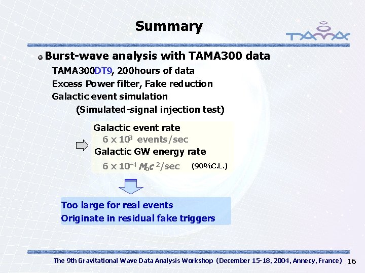 Summary Burst-wave analysis with TAMA 300 data TAMA 300 DT 9, 200 hours of