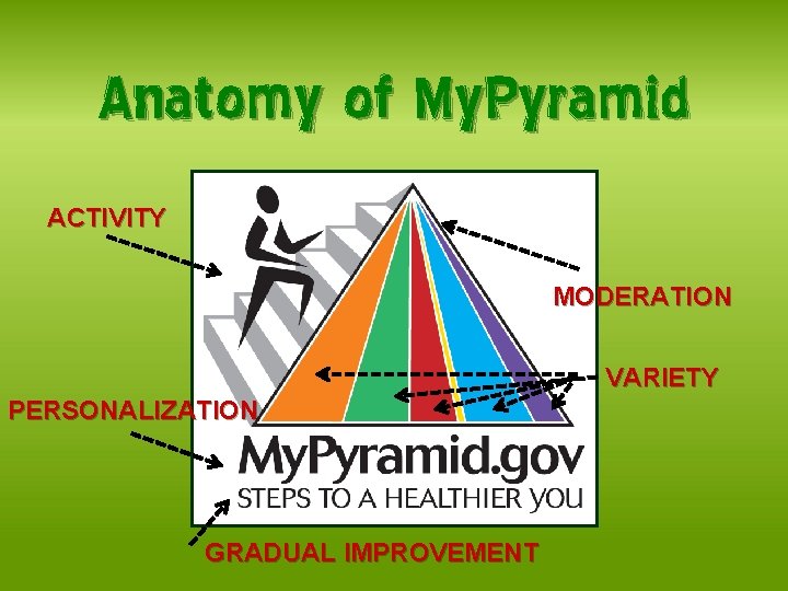 Anatomy of My. Pyramid ACTIVITY MODERATION VARIETY PERSONALIZATION GRADUAL IMPROVEMENT 