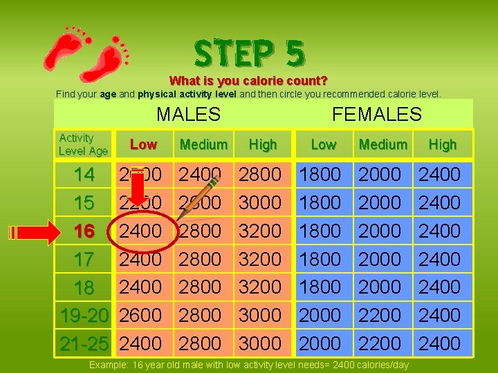 STEP 5 What is you calorie count? Find your age and physical activity level