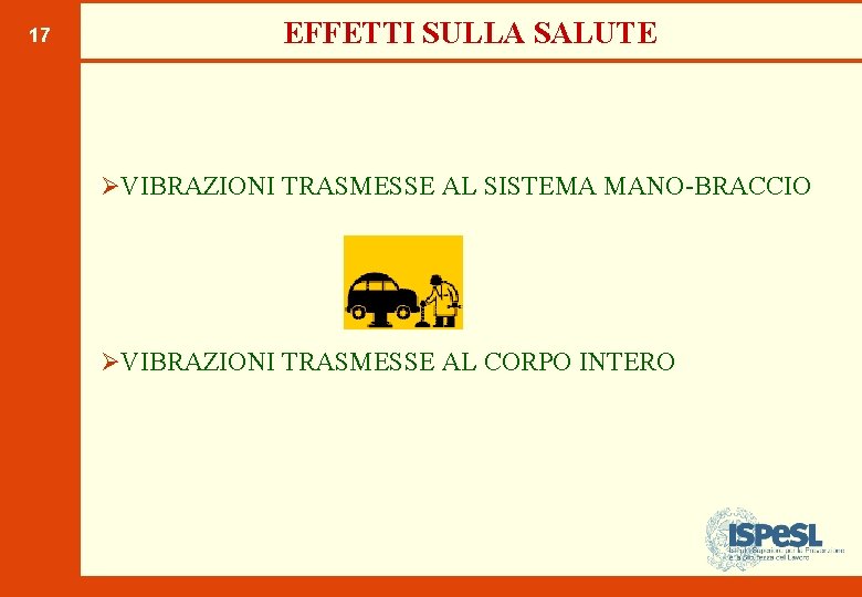 17 EFFETTI SULLA SALUTE ØVIBRAZIONI TRASMESSE AL SISTEMA MANO-BRACCIO ØVIBRAZIONI TRASMESSE AL CORPO INTERO