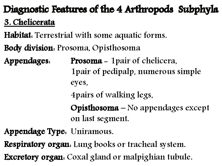 Diagnostic Features of the 4 Arthropods Subphyla 3. Chelicerata Habitat: Terrestrial with some aquatic
