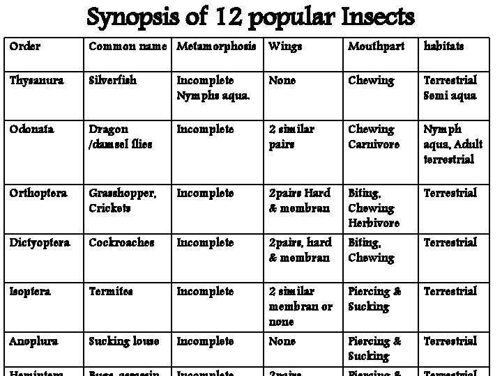 Order Synopsis of 12 popular Insects Common name Metamorphosis Wings Mouthpart habitats Thysanura Silverfish