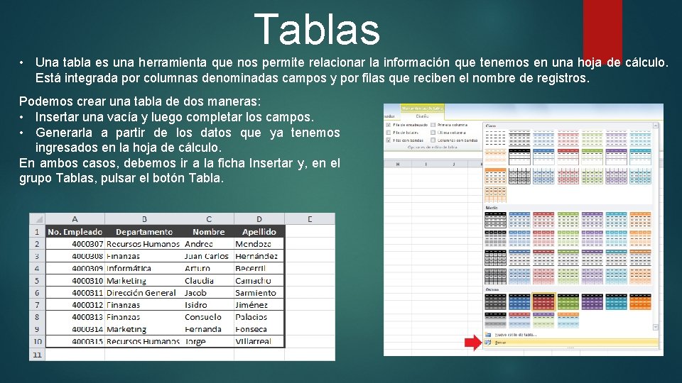 Tablas • Una tabla es una herramienta que nos permite relacionar la información que