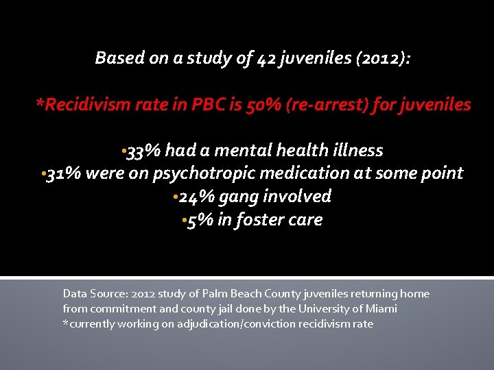 Based on a study of 42 juveniles (2012): *Recidivism rate in PBC is 50%