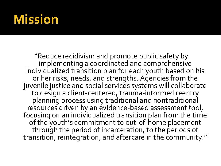 Mission “Reduce recidivism and promote public safety by implementing a coordinated and comprehensive individualized