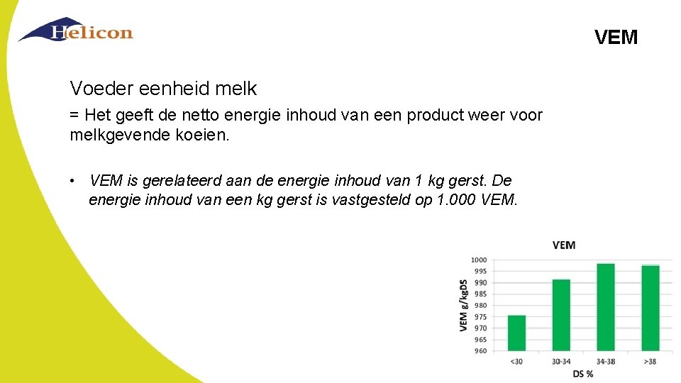 VEM Voeder eenheid melk = Het geeft de netto energie inhoud van een product