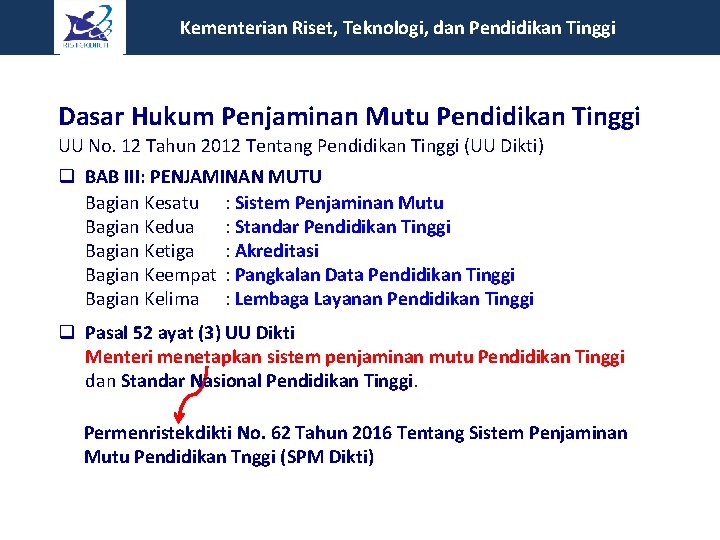  Kementerian Riset, Teknologi, dan Pendidikan Tinggi Dasar Hukum Penjaminan Mutu Pendidikan Tinggi UU