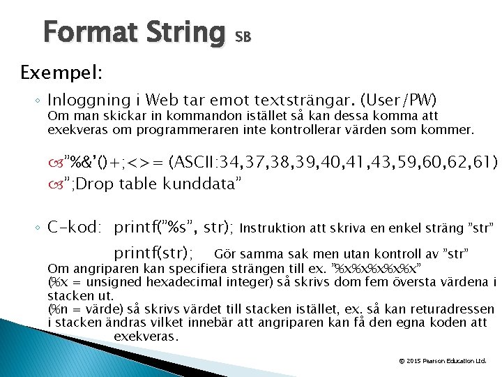 Format String SB Exempel: ◦ Inloggning i Web tar emot textsträngar. (User/PW) Om man