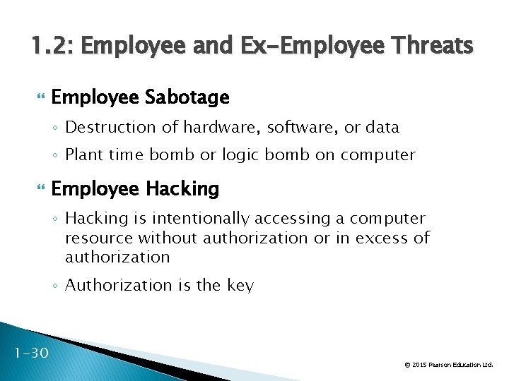 1. 2: Employee and Ex-Employee Threats Employee Sabotage ◦ Destruction of hardware, software, or