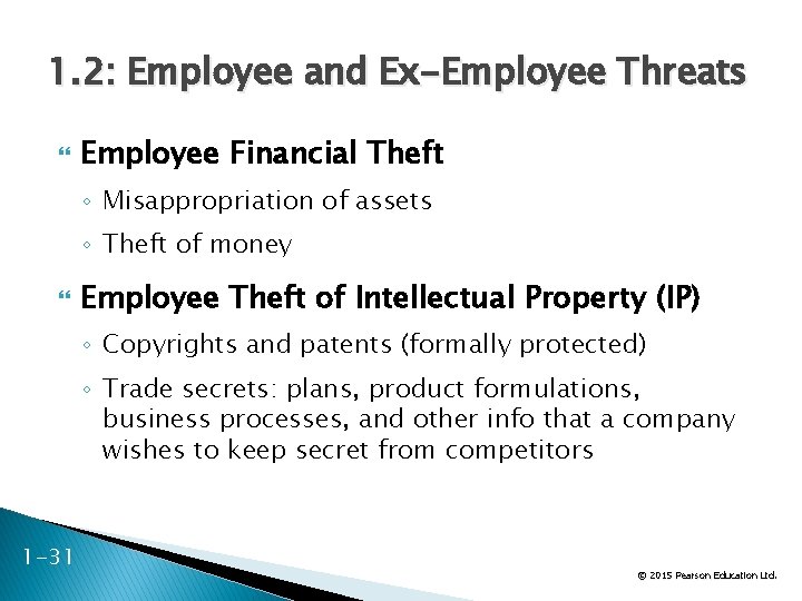 1. 2: Employee and Ex-Employee Threats Employee Financial Theft ◦ Misappropriation of assets ◦