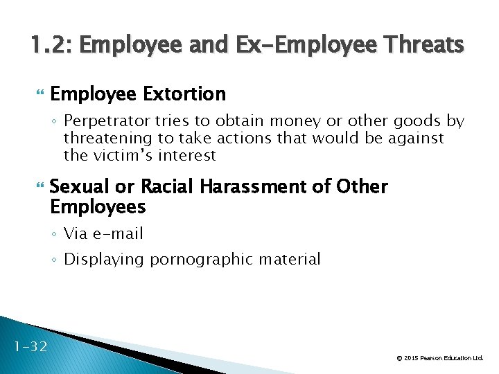 1. 2: Employee and Ex-Employee Threats Employee Extortion ◦ Perpetrator tries to obtain money