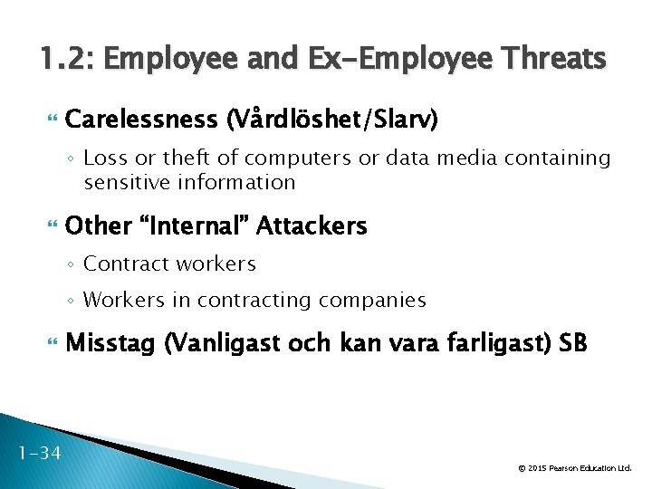 1. 2: Employee and Ex-Employee Threats Carelessness (Vårdlöshet/Slarv) ◦ Loss or theft of computers