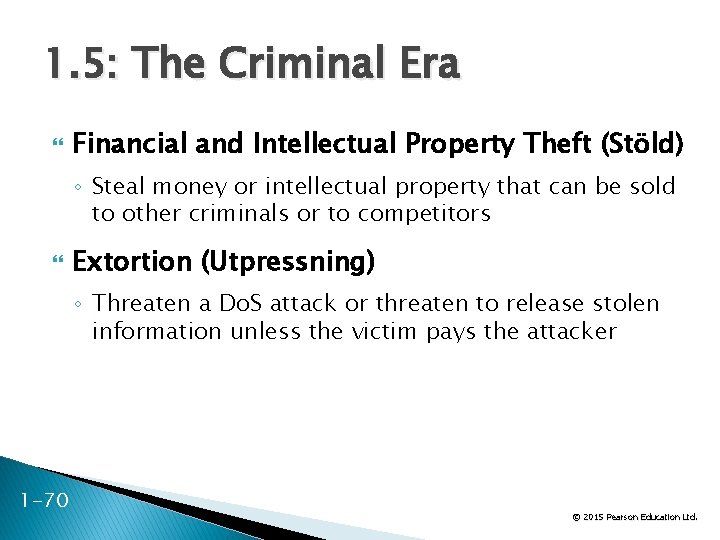 1. 5: The Criminal Era Financial and Intellectual Property Theft (Stöld) ◦ Steal money