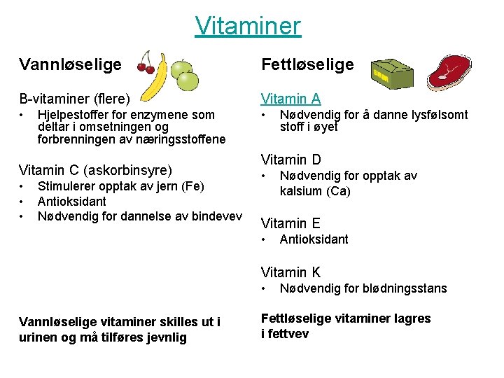 Vitaminer Vannløselige Fettløselige B-vitaminer (flere) Vitamin A • • Hjelpestoffer for enzymene som deltar