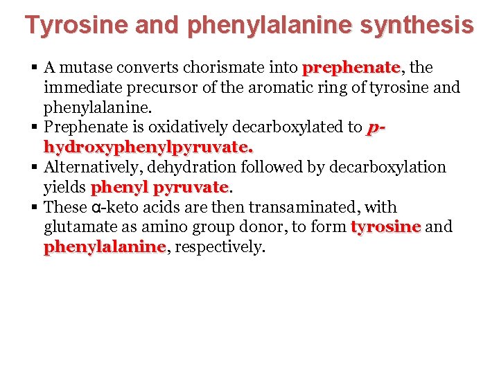 Tyrosine and phenylalanine synthesis § A mutase converts chorismate into prephenate, prephenate the immediate