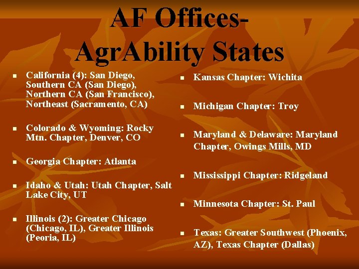 AF Offices. Agr. Ability States n n n California (4): San Diego, Southern CA