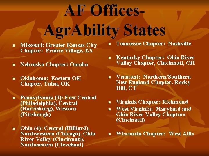 AF Offices. Agr. Ability States n Missouri: Greater Kansas City Chapter: Prairie Village, KS