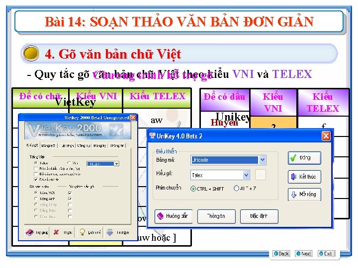 Bài 14: SOẠN THẢO VĂN BẢN ĐƠN GIẢN 4. Gõ văn bản chữ Việt