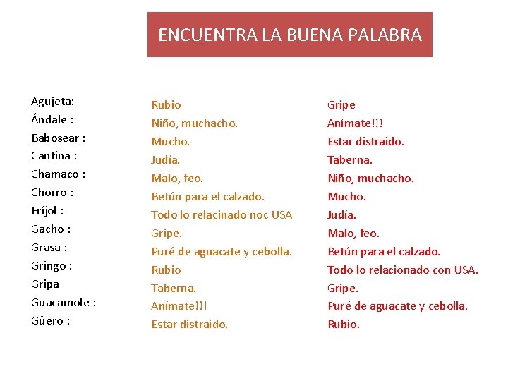 ENCUENTRA LA BUENA PALABRA Agujeta: Ándale : Babosear : Cantina : Chamaco : Chorro