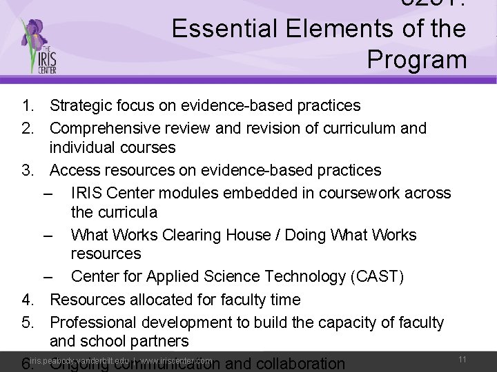 325 T: Essential Elements of the Program 1. Strategic focus on evidence-based practices 2.