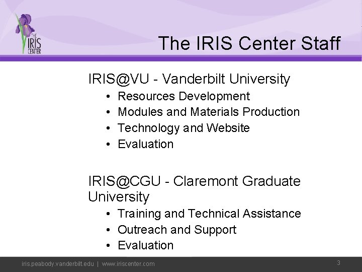 The IRIS Center Staff IRIS@VU - Vanderbilt University • • Resources Development Modules and