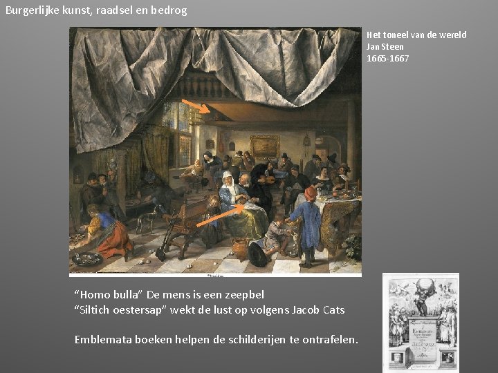 Burgerlijke kunst, raadsel en bedrog Het toneel van de wereld Jan Steen 1665 -1667