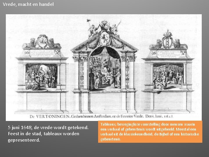 Vrede, macht en handel 5 juni 1648, de vrede wordt getekend. Feest in de