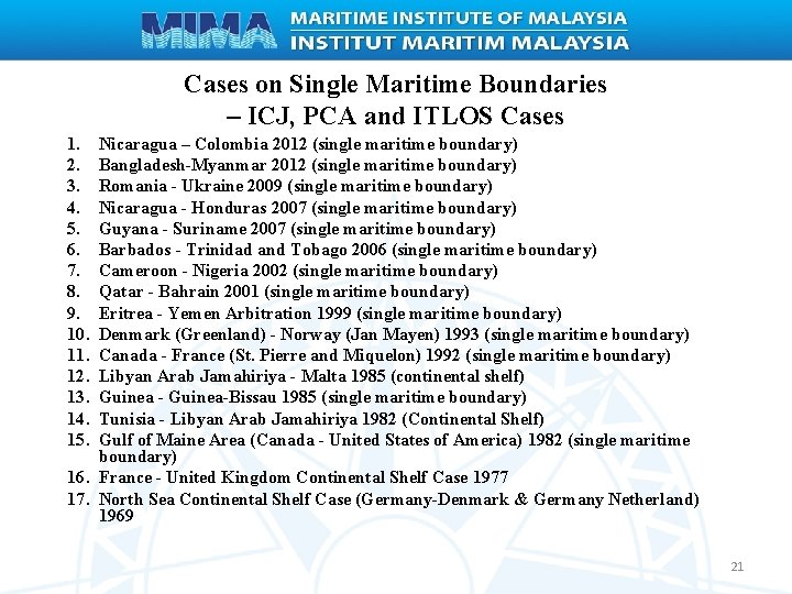 Cases on Single Maritime Boundaries – ICJ, PCA and ITLOS Cases 1. 2. 3.