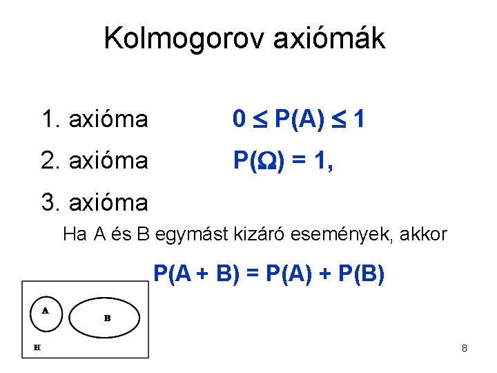 Kolmogorov axiómák 1. axióma 0 P(A) 1 2. axióma P( ) = 1, 3.