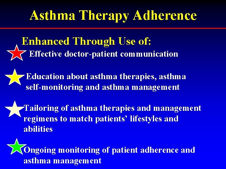 Asthma Therapy Adherence Enhanced Through Use of: Effective doctor-patient communication Education about asthma therapies,