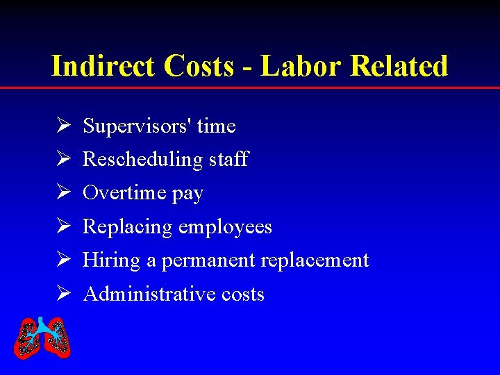 Indirect Costs - Labor Related Ø Ø Ø Supervisors' time Rescheduling staff Overtime pay