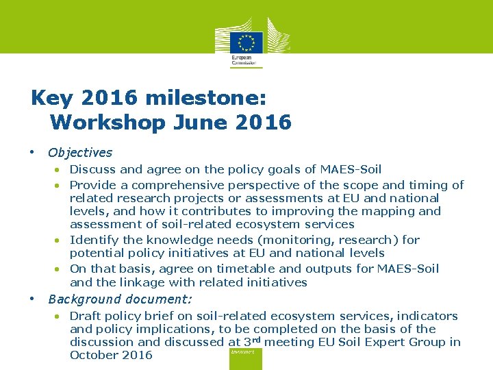 Key 2016 milestone: Workshop June 2016 • Objectives • Discuss and agree on the