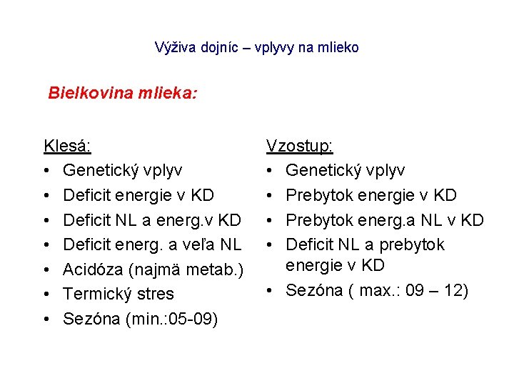 Výživa dojníc – vplyvy na mlieko Bielkovina mlieka: Klesá: • Genetický vplyv • Deficit