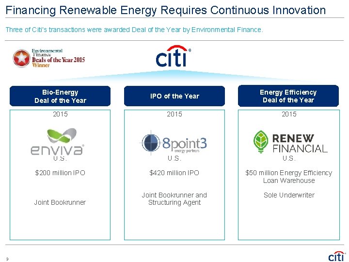 Financing Renewable Energy Requires Continuous Innovation Three of Citi’s transactions were awarded Deal of