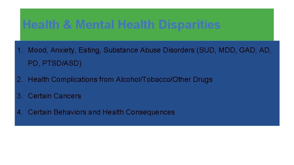 Health & Mental Health Disparities 1. Mood, Anxiety, Eating, Substance Abuse Disorders (SUD, MDD,