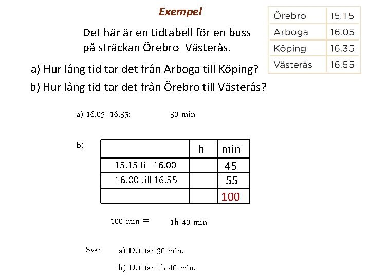 Exempel Det här är en tidtabell för en buss på sträckan Örebro–Västerås. a) Hur