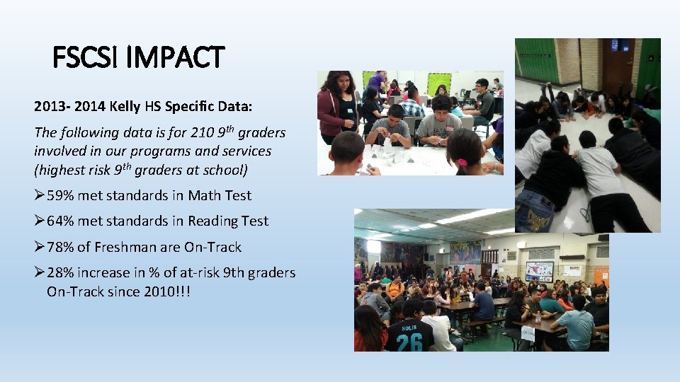 FSCSI IMPACT 2013 - 2014 Kelly HS Specific Data: The following data is for