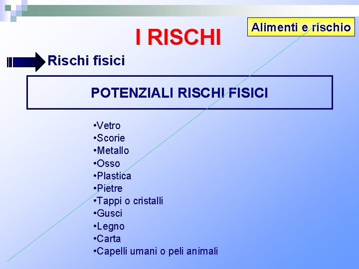 I RISCHI Alimenti e rischio Rischi fisici POTENZIALI RISCHI FISICI • Vetro • Scorie