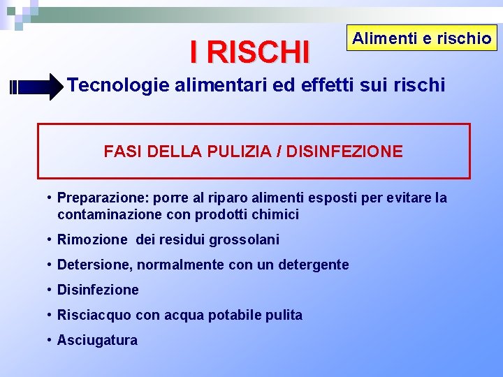 I RISCHI Alimenti e rischio Tecnologie alimentari ed effetti sui rischi FASI DELLA PULIZIA