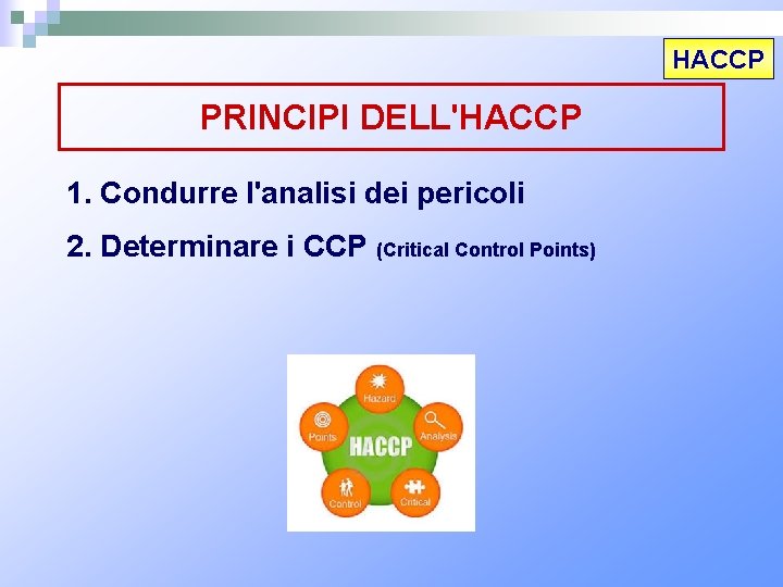 HACCP PRINCIPI DELL'HACCP 1. Condurre l'analisi dei pericoli 2. Determinare i CCP (Critical Control